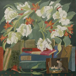 Tulpen, boeken en ansichtkaarten (acryl)