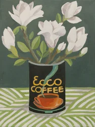 Witte magnolia in oude koffiekan (acryl)