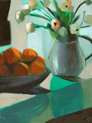 Sinaasappels en witte ranonkels