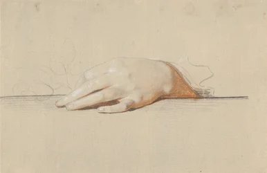 Een linkerhand rustend op een tafel, een roos vasthoudend
