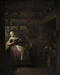 Keukeninterieur met een lezend meisje