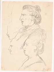 Profielportretten van koningin Caroline Mathilde, J.F. Struensee en Enevold Brandt, en een schets, mogelijk van Juel zelf. Allemaal in profiel naar links