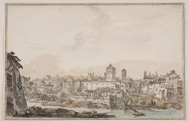 Stadsgezicht met huizen en kerk bij rivier. Het oude Rome