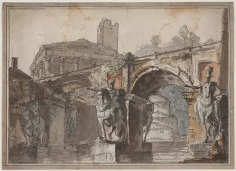 "Romeins" uitzicht met brug, tempelruïne en ruiterstandbeeld