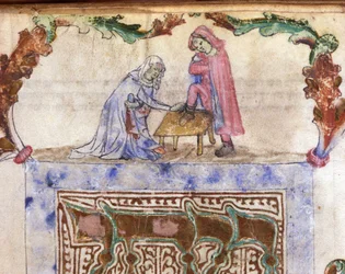 Jodendom: Hebreeuwse ritueel van voetwassing (ablutie) van de reiziger. Miniatuur uit een 14e-eeuws Hebreeuws manuscript. Biblioteca Palatina, Parma