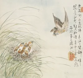 Een vogel die voedsel in zijn bek draagt, 1857