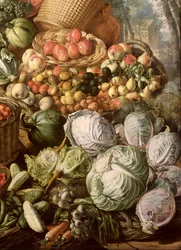 Detail van Stilleven met fruit, groenten en een marktvrouw (detail)
