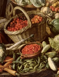 Detail van Stilleven met fruit, groenten en een marktvrouw (detail)