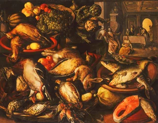 Wild, vis, fruit en groenten in manden en schalen in een voorraadkamer, 1569