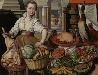 Keukenscène, met Jezus in het huis van Martha en Maria op de achtergrond, 1569