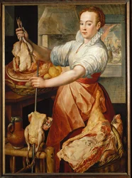 Koken met kip (schilderen op eikenhout)