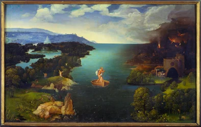 De overtocht van de Styx: Charon op zijn boot in de Onderwereld. Schilderij van Joachim Patinir (Skater) (1485-1524), Vlaamse school. Afmetingen 0,64 x 1,03 m, Madrid, Museo del Prado