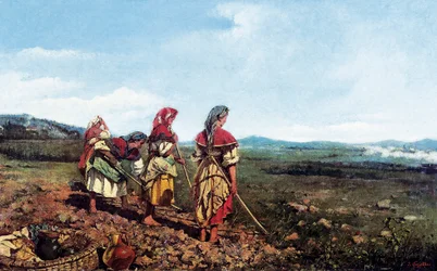 Napolitaans landschap met personages. Napolitaanse boeren ploegen een veld op het platteland. Schilderij van Joaquim VAYREDA i VILA (1843-1894)