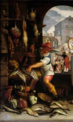 Keukenscène met de gelijkenis van het feest (detail)