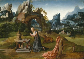 Sint Hiëronymus biddend in een landschap