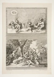 Bovenste helft: Een Riviergod en Putti die spelen met de Symbolen van Roem Onderste helft: De Straf van Cupido