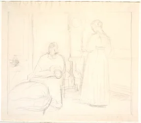 Interieur met klok en zittende en staande vrouw