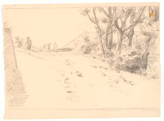 Italiaans landschap met een weg, rechts bomen