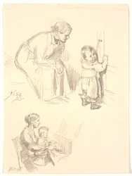Twee figuurstudies. Boven een zittende vrouw die een kind bij een deur observeert; onder een vrouw met een kind bij de piano