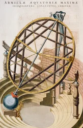 Grote equatoriale armillairsfeer ontworpen door Tycho Brahe, illustratie uit Le grand atlas ou Cosmographie blaviane (Atlas Maior), door Joan Blaeu, gravure, Nederland