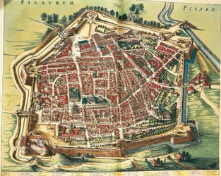 Italië, kaart van Pesaro, uit Theatrum civitatum et admirandorum Italiae door Joan Blaeu, gravure