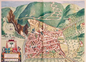 Kaart van Spoleto uit Theatrum civitatum et admirandorum Italiae, door Joan Blaeu, gravure