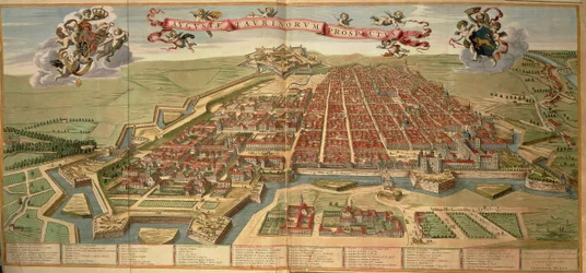 Kaart van Turijn, gravure uit Theatrum Sabaudiae door Joan Blaeu, gedrukt in Italië