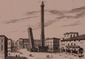 De twee torens (Asinelli en Garisenda), Bologna, Emilia-Romagna, Italië, kopergravure