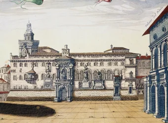 Zicht op het oude plein in Bologna, gravure door Giacomo Lauro en Joan Blaeu uit Theatrum civitatum et admirandorum Italiae, gepubliceerd in Amsterdam in 1663