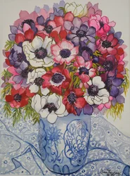 Anemonen in een Blauwe en Witte Pot, met Blauwe en Witte Textiel