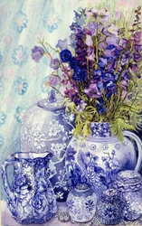 Riddersporen met antieke blauwe potten, 2000