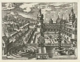 Kasteel met doolhof en fontein