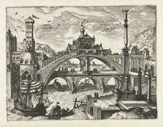 Stad met bebouwde brug