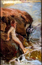 Jongen op de rotsen Jarea . Peinture de Joaquin Sorolla y Bastida,(1863-1923) Huile sur toile; Collection privee.