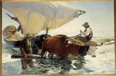 Terugkeer van de visvangst, de boot slepend. Schilderij van Joaquín Sorolla y Bastida (1863-1923). Zon. 2,6 x 3,2 m. 19e eeuw. Parijs, Musée d