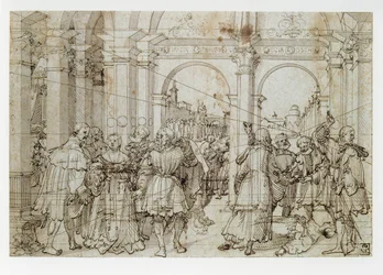 Het verhaal van Lucretia (pen, zwarte inkt, grijs gewassen op papier)