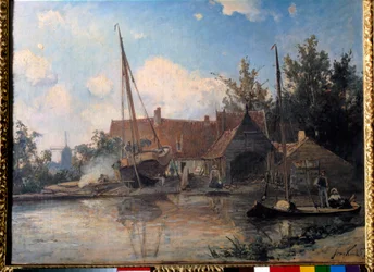 Nederlands landschap met een groot schip dat wordt gekalefaterd