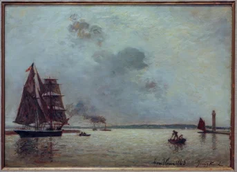 Ingang van de haven van Honfleur bij zonsopgang