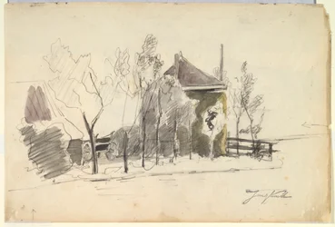 Hooikar in een boerenerf (recto); Uitzicht op een boerderij (verso)