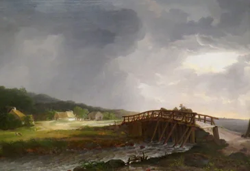 Deens: De brug over de rivier de Tryggevælde met uitzicht op Køge De brug over de rivier de Tryggevælde met uitzicht op Køge, Zeeland