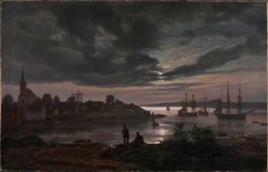 Noors:  Larvik haven bij maanlicht Larvik bij maanlicht