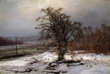 Winterlandschap met eik aan de oevers van de Elbe, Duitsland, schilderij van Johan Christian Clausen Dahl (1788-1857), 1853, National Museum of Art, Oslo