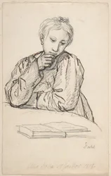 Portret van Eline Marie Heger als kind, leunend op een tafel, kijkend naar een boek