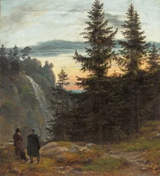 Twee mannen voor een waterval bij zonsondergang