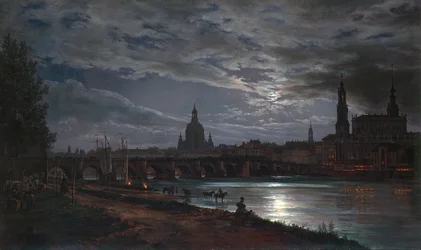 „Gezicht op Dresden bij maanlicht“, 1839. Afmetingen 78 x 130 cm. Staatliche Kunstsammlungen Dresden, Dresden