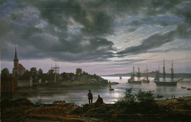 Uitzicht op Larvik bij maanlicht, Noorwegen