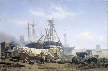 Middagpauze bij een scheepswerf aan de Maas
