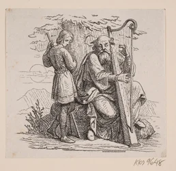 Een oude harpspeler en een jongen onder een boom