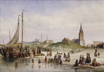 Vissersvolk op een strand met een stad op de achtergrond, 1857