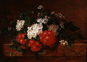 Aubepines op een marmeren richel. Schilderij van Johan Laurentz Jensen (1800-1856) Privécollectie.